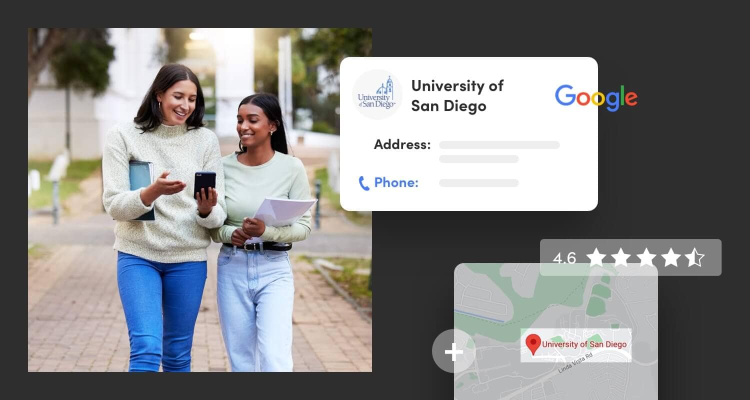 collage of two female students looking at a phone together with University of san diego tidbits overlaid on top