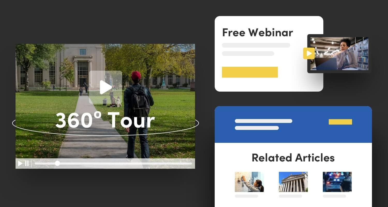collage showing a video box offering a 360 degree video tour of a campus, a free webinar and related articles