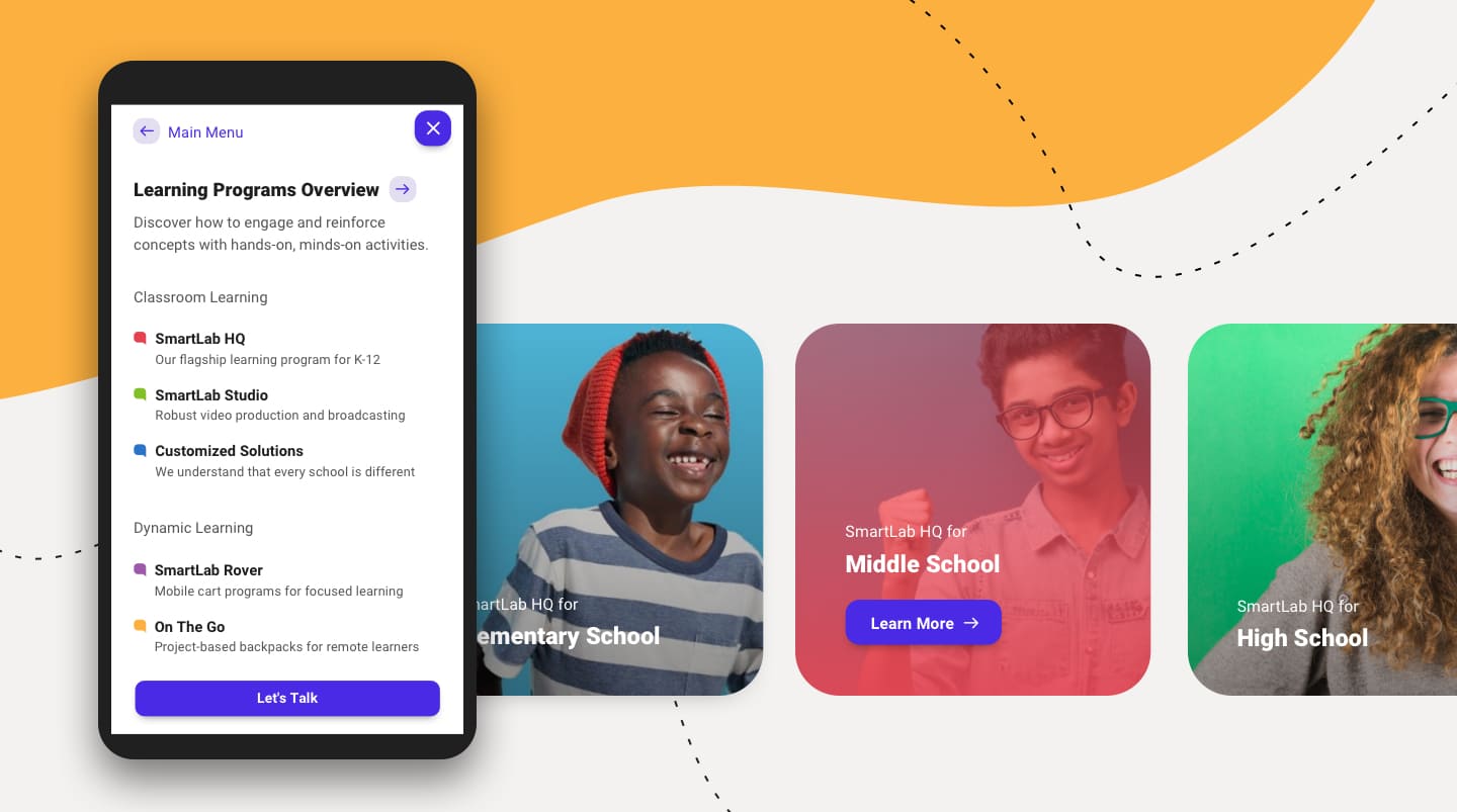 Mobile app menu displaying learning program options for elementary, middle, and high school.