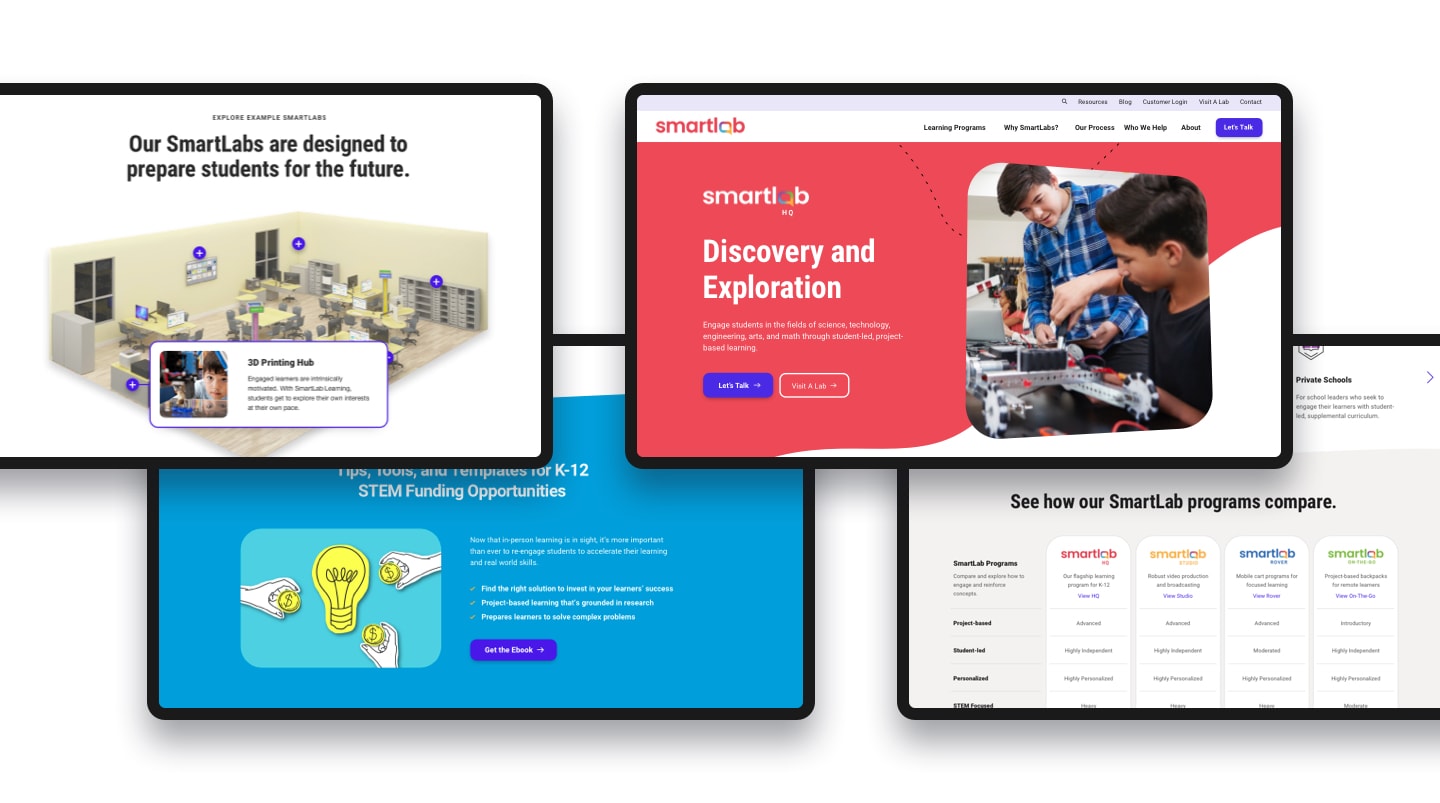 Collection of SmartLab website pages showcasing STEM education programs and lab facilities.