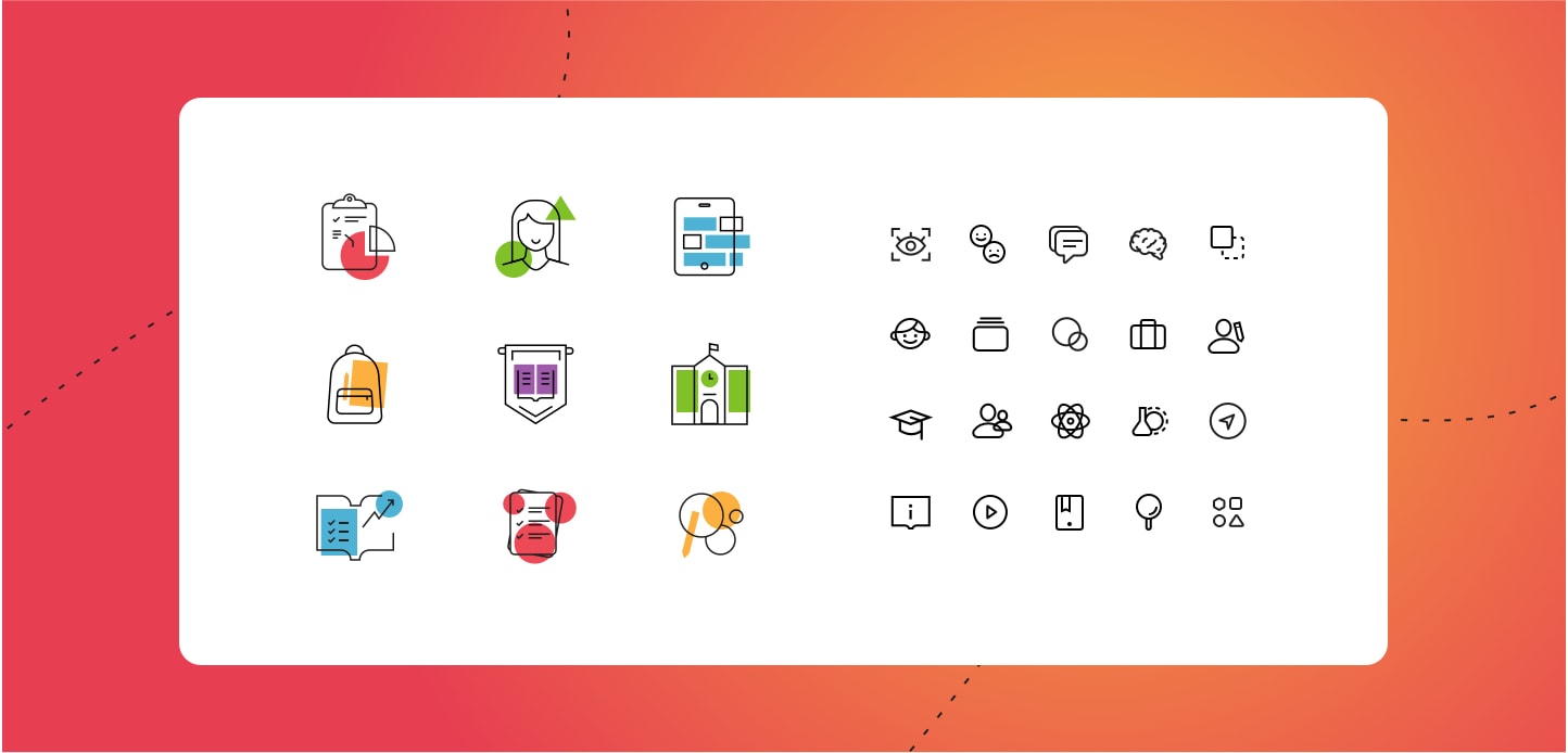Collection of business and productivity icons including analytics, security, communication.