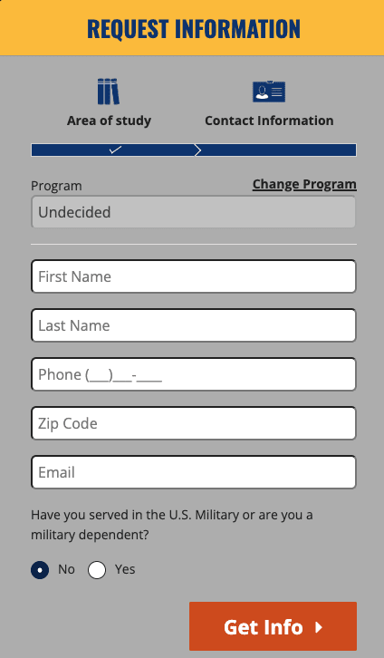Navigating the College Enrollment Cliff: 10 Strategies for Higher Education Institutions 32 A web form titled "Request Information." Form fields are First Name, Last Name, Phone, Zip Code, and Email. The call-to-action button reads "Get Info."