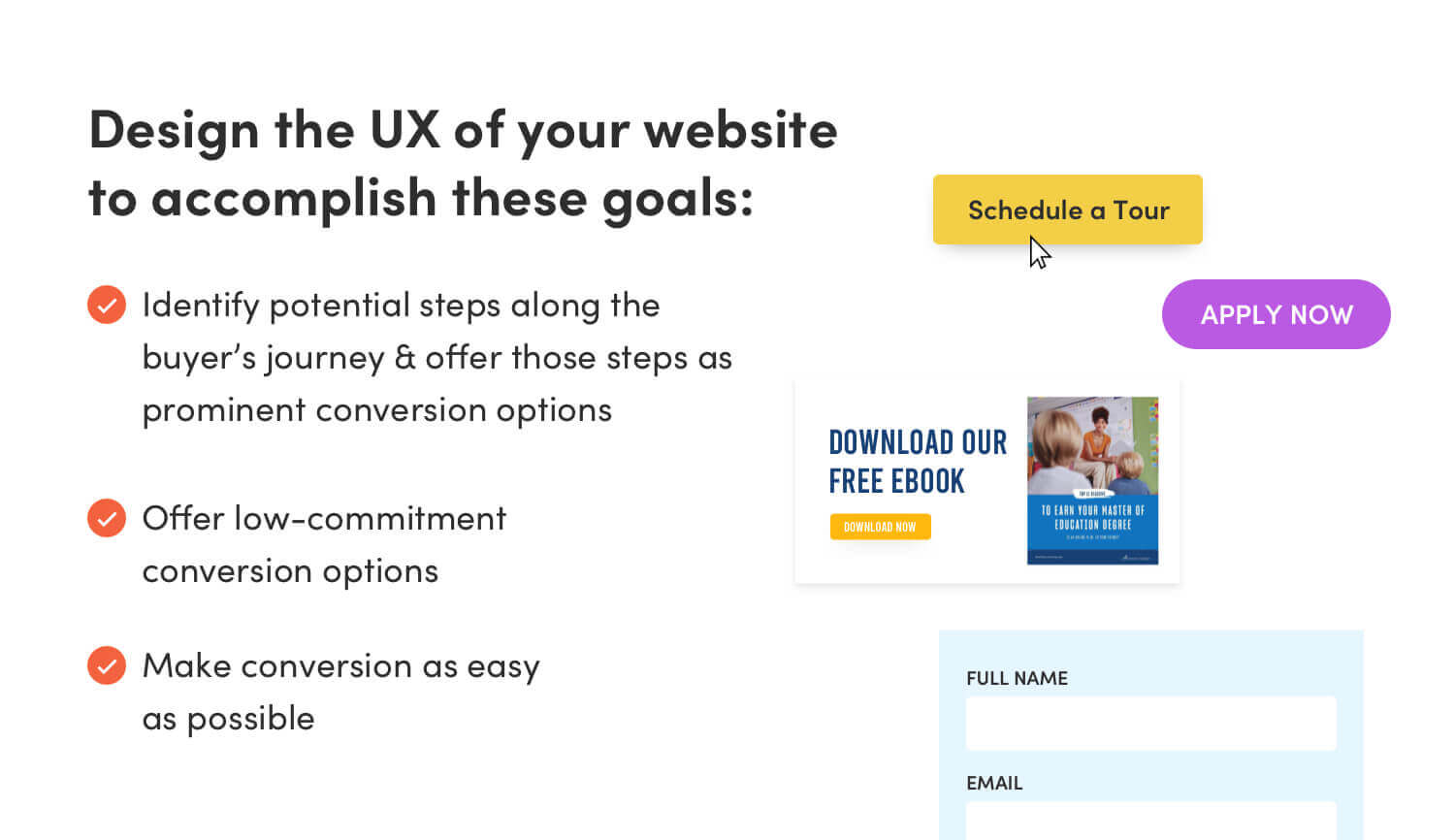 Navigating the College Enrollment Cliff: 10 Strategies for Higher Education Institutions 30 infographic with tips on how to design the ux of a higher education website to accomplish goals like ID'ing steps along the buyers journey, offering low-commitment conversion options and making conversion as easy as possible.