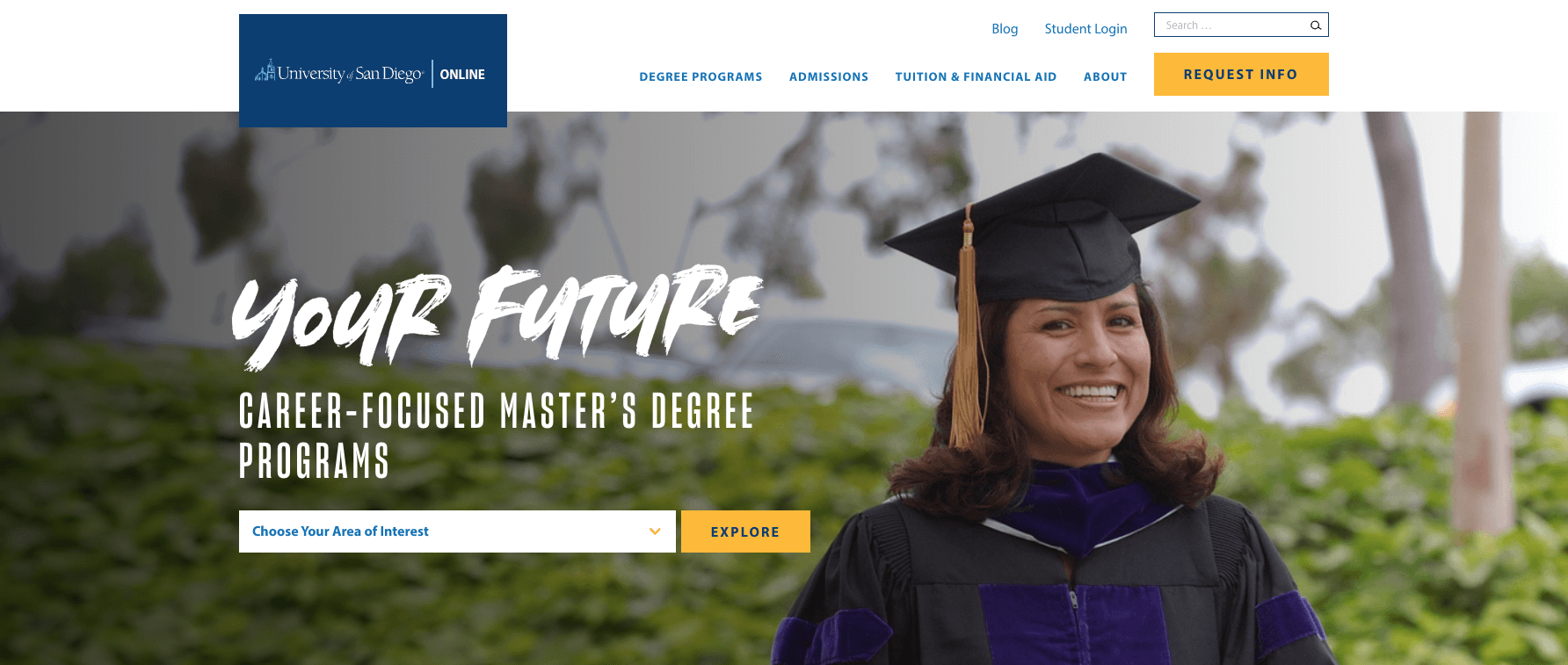 Navigating the College Enrollment Cliff: 10 Strategies for Higher Education Institutions 29 university of san diego online homepage with smiling woman with short brown hair wearing a graduation cap and gown. text says "your future career-focused master's degree programs"