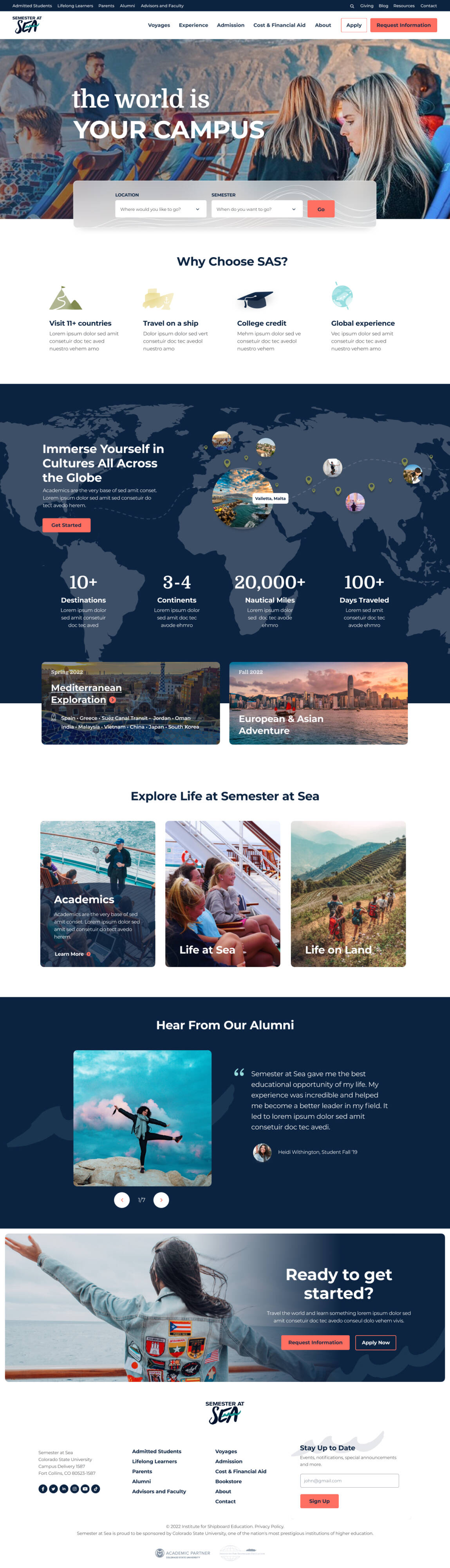 Students gather on a ship deck with mountains visible in the background.