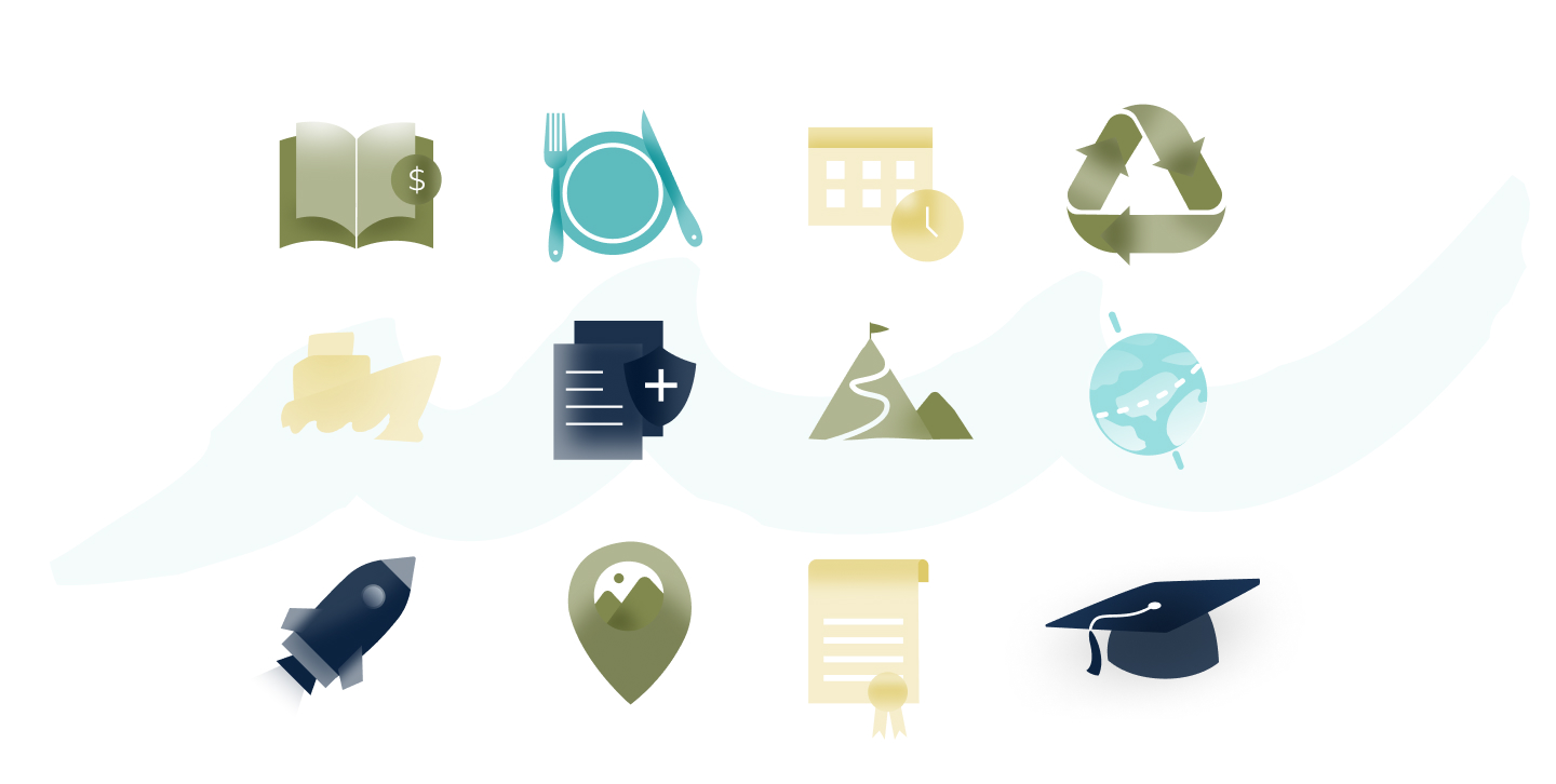 Twelve icons representing education, sustainability, and business concepts including books.