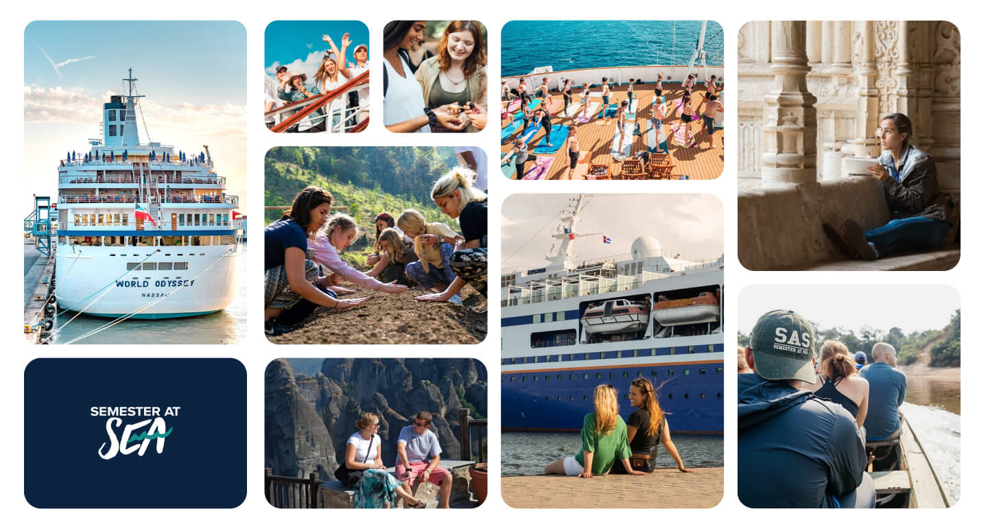 Collage of cruise and river ship vacation photos showing families and travelers enjoying various.