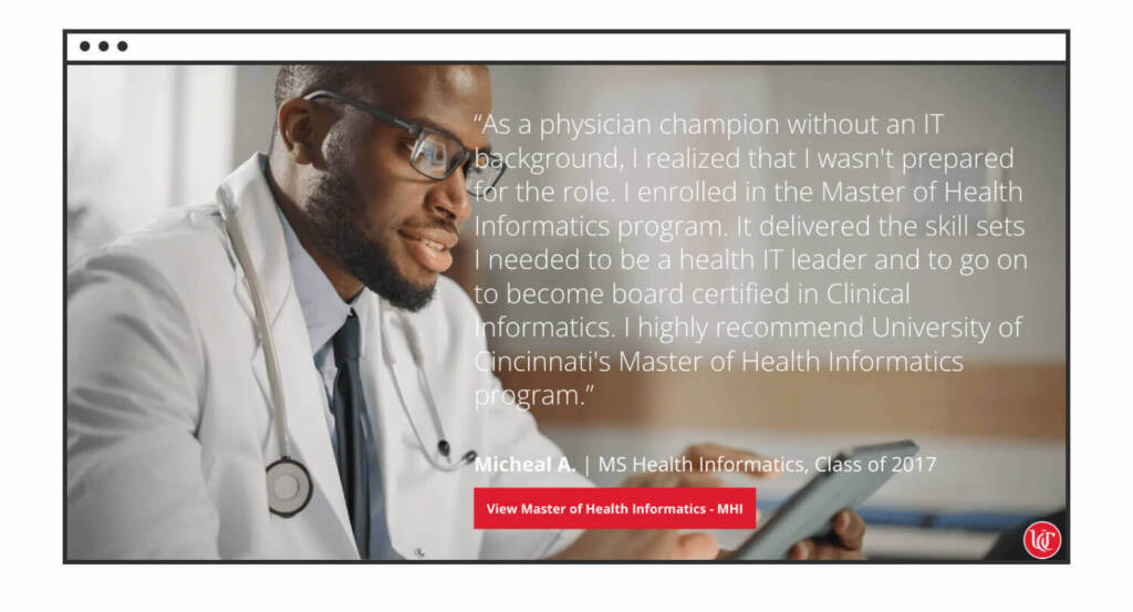 A Black man with a beard and glasses wearing a white coat and stethoscope overlaid with a quote about his success as a University of Cincinnati Online alum.