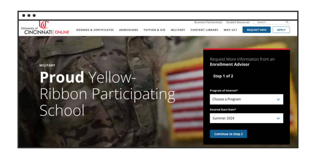 A website screenshot from the University of Cincinnati Online highlighting the school’s military veteran support program.