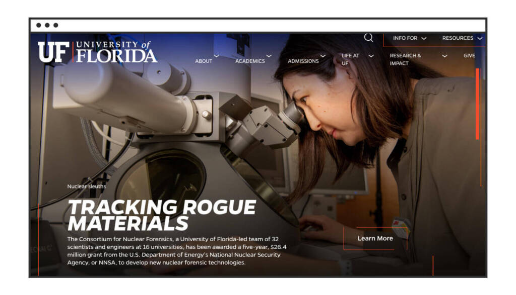 A screenshot of the University of Florida homepage showing an Asian woman looking into a microscope with text about the University’s Consortium for Nuclear Forensics.