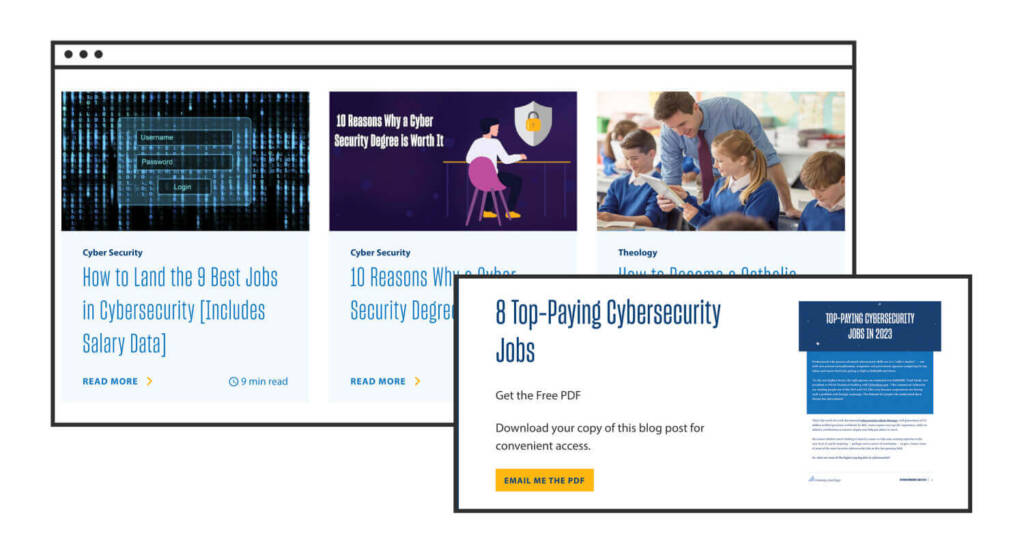 Screenshots showing three career-focused blog posts and a related lead-generation offer.
