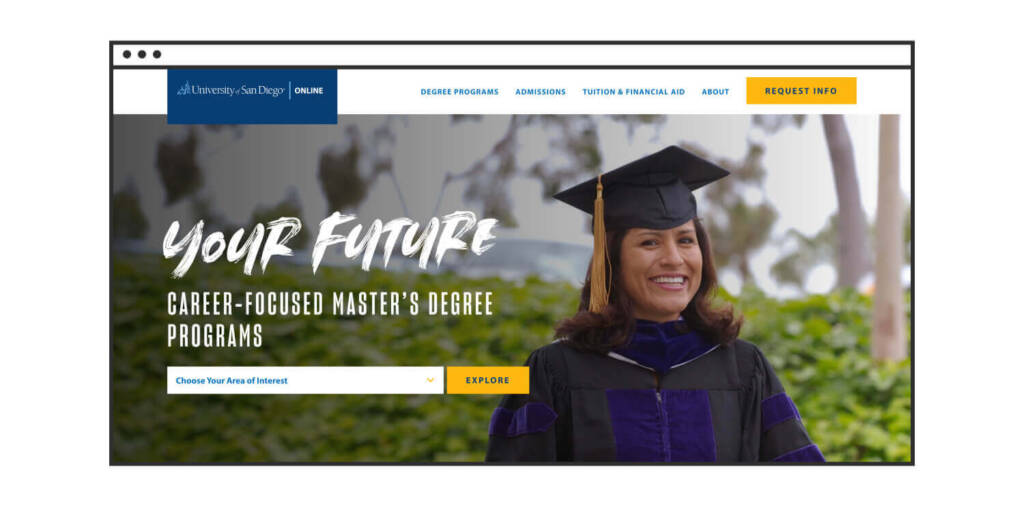 A smiling woman in a cap and gown with the headline: Your Future, Career-Focused Master’s Degree Programs.