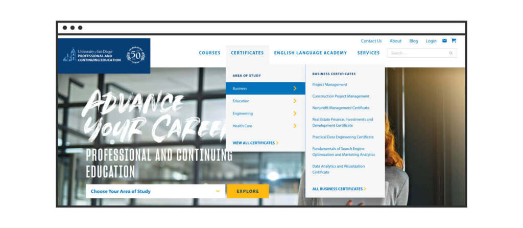 The USD PCE homepage showing a list of business certificates available to prospective students.