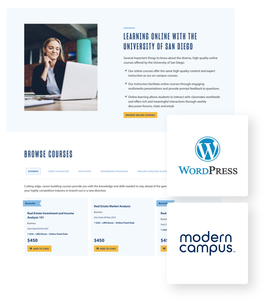 University of San Diego PCE | WordPress & Destiny One Website Integration 4 screenshot of a USD PCE website page with details on courses to browse and the wordpress and modern campus logos overlaid