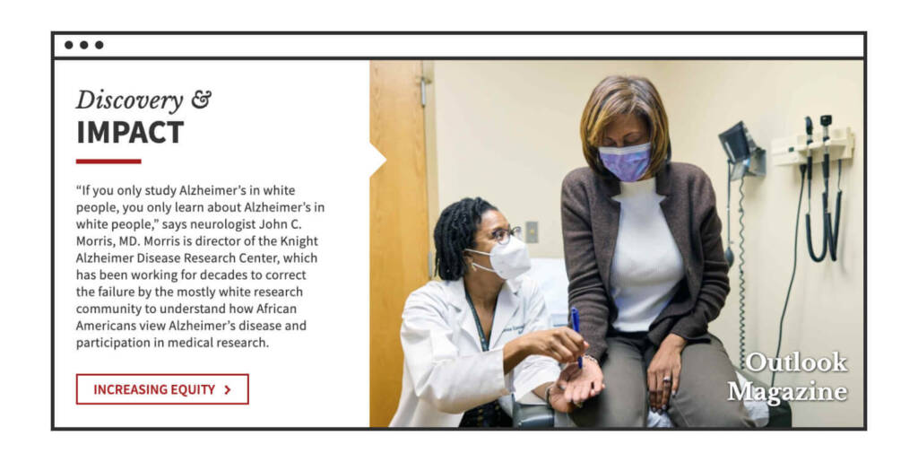 A Black woman doctor wearing a mask assesses a Black woman patient wearing a mask, with text describing a program to research Alzheimer’s disease in the African American community.