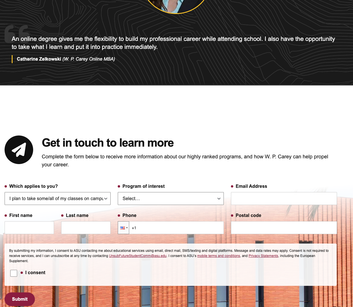 The bottom of an Arizona State University landing page. The RFI form appears below a quote from a student and above the page footer.