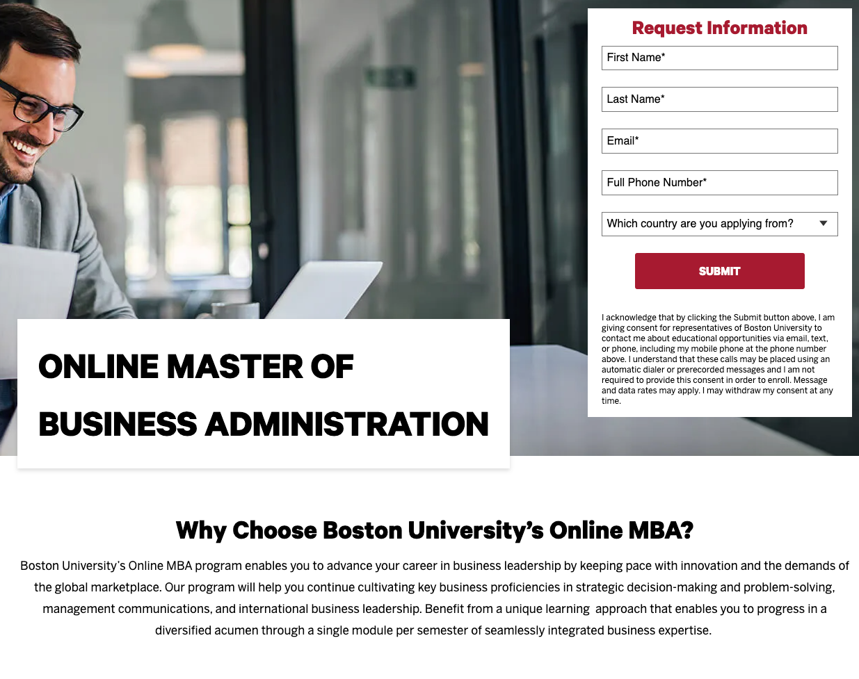 A landing page for the Online Master of Business Administration for Boston University. The request for information form is on the right side of the header and has fields for name, email, phone number, and country applying from. Below the header is an overview of why students choose BU's online MBA program.