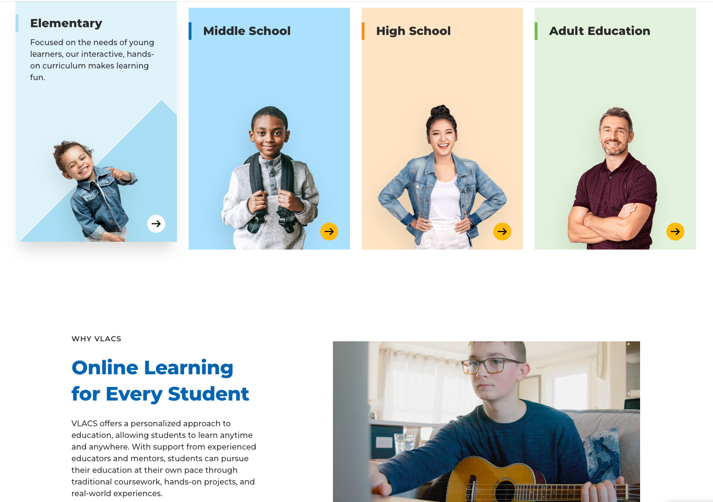 A VLACs landing page showing four graphic links for different class levels, each with an image of a representative student, going from Elementary to Middle School to High School to Adult Education. Below the links is a Why VLACs module that includes a short video that plays on a loop.