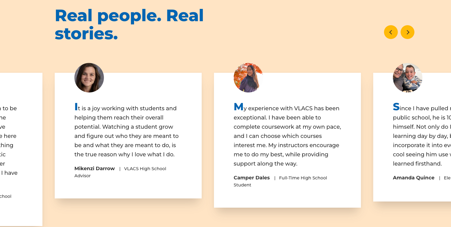 A VLACs landing page that has several testimonials in a carousel slider. Each testimonial is in a white text box and includes a portrait of the person quoted.