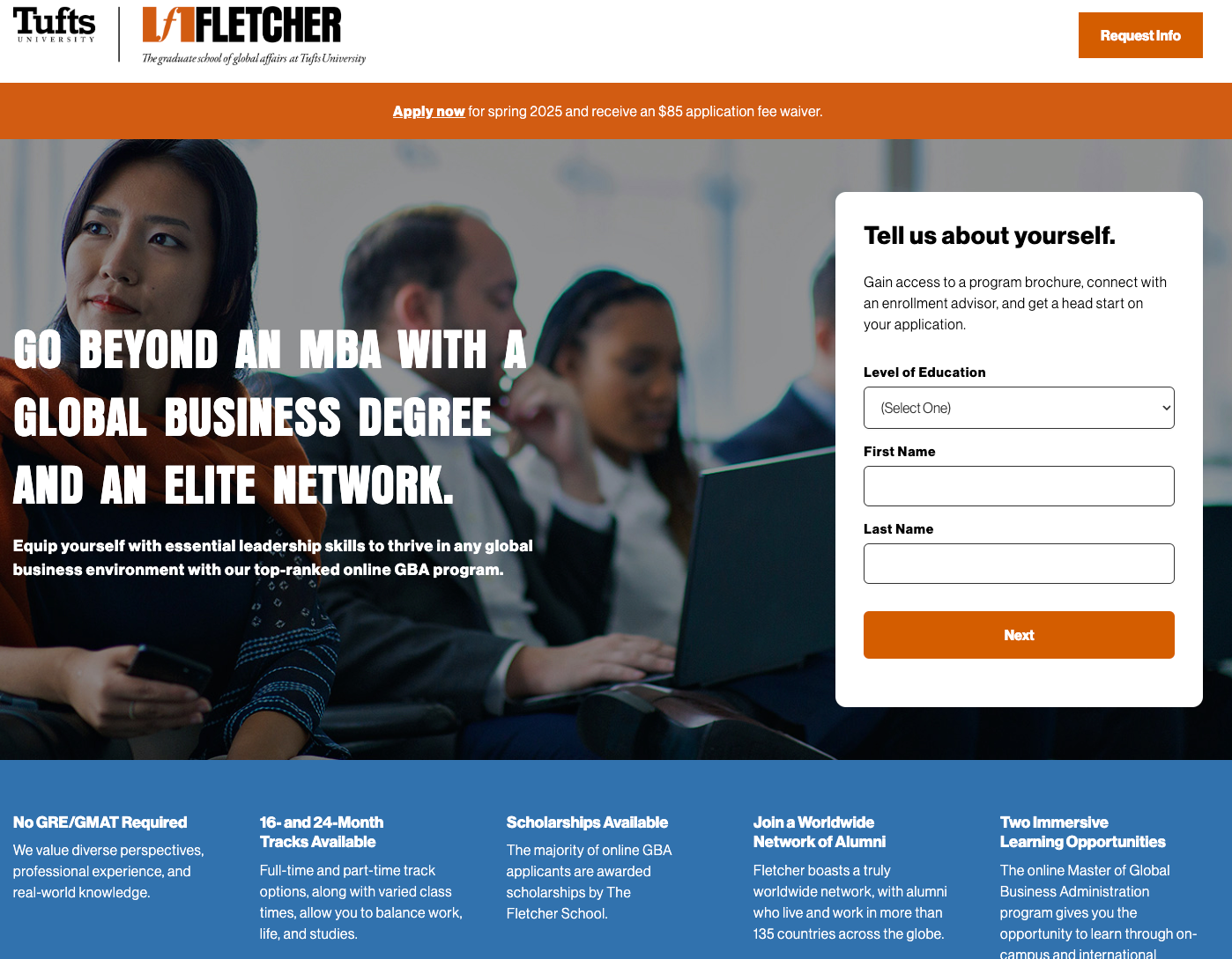 A Tufts University landing page. The request for information form is on the right side of the header and only has fields for level of education, first name and last name. Below the header are five blocks of text that detail information about the program, including the length of full-time and part-time tracks and the size of their alumni network.