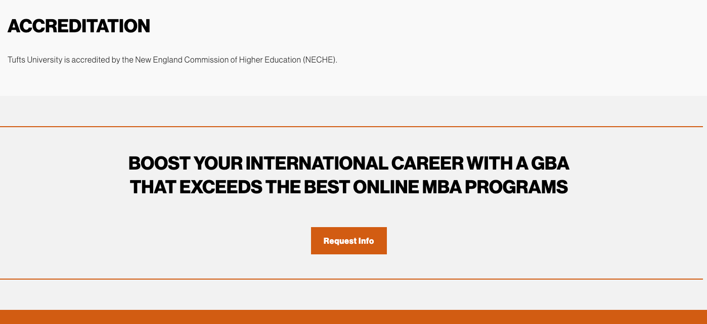 The bottom of the Tufts University landing page, showing an CTA that will bring the user back to the top of the page. The CTA says "Boost your international career with a GBA that exceeds the best online MBA programs."