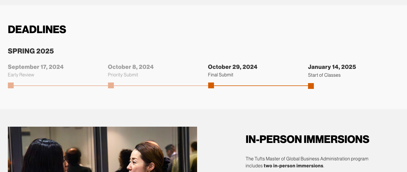 A module of the Tufts University landing page that shows deadline dates for Spring 2025 enrollment. Dates that have already passed are grayed out.
