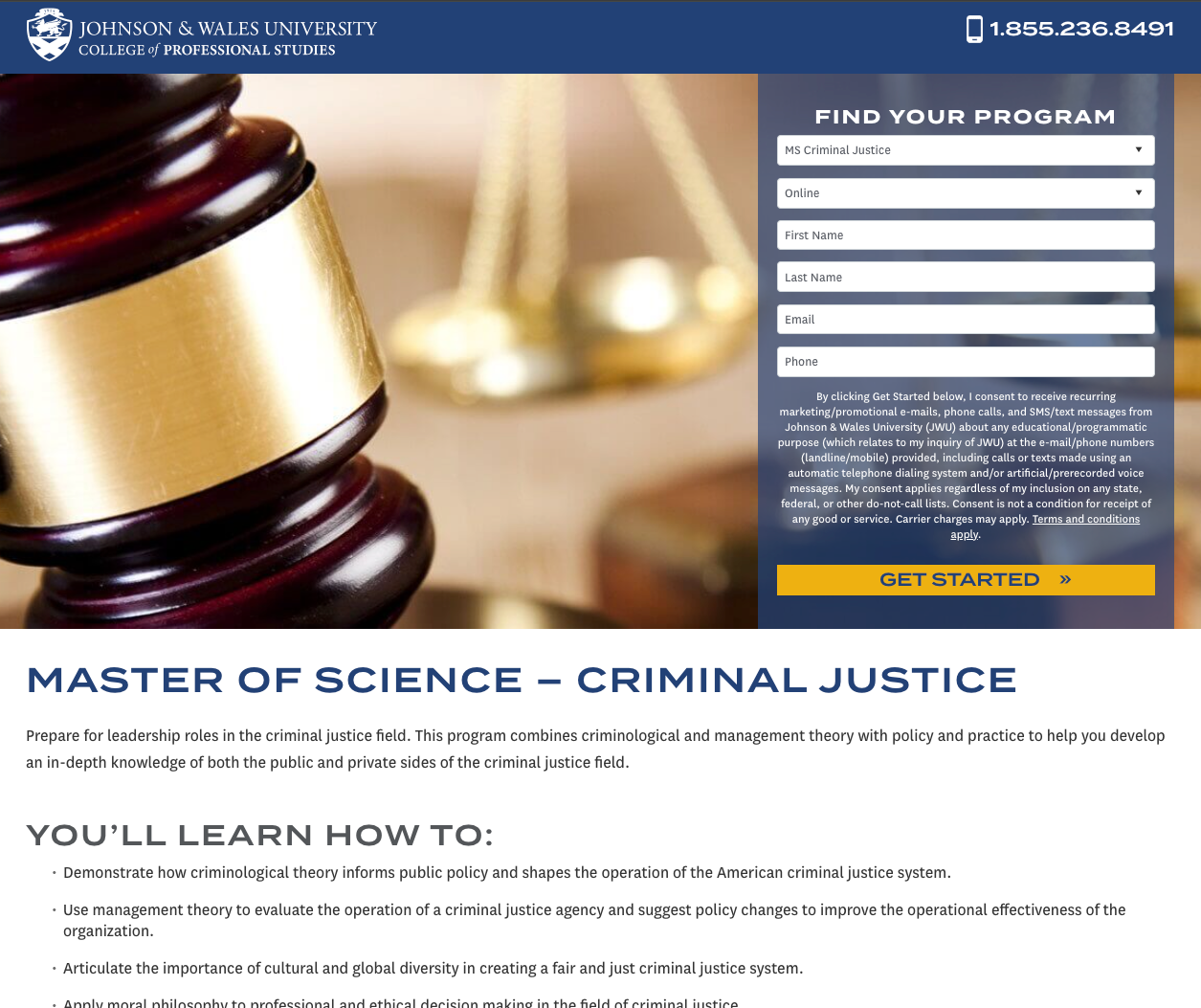 The top of the landing page for Johnson & Wales University. There is a request for information form o the right side of the header with fields for name, email, and phone number. Below the header image is a description of the Master of Science program and a bulleted list of what students will learn.