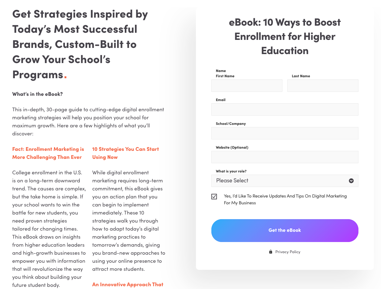 A request for information form for an eBook titled "10 Ways to Boost Enrollment for Higher Education." The form includes fields for first and last name, email address, school or company and the user's role, as well as a blue "Get the eBook" button.
