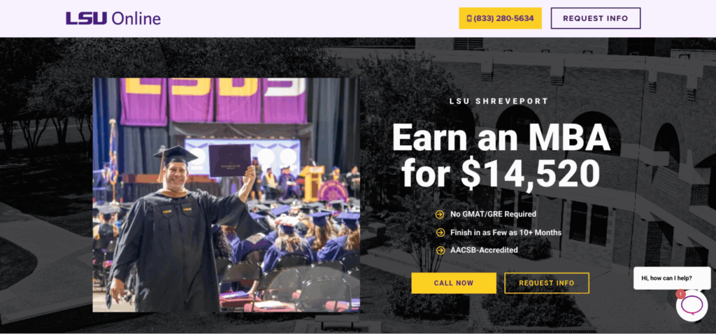 Hero section of Louisiana State University Online's MBA program landing page. It has an image of an LSU graduate next to a bold H1 that reads 'Earn an MBA for $14,520.' The hero section also displays details about program duration and accreditation, as well as two CTA buttons that read 'Call Now' and 'Request Info.'