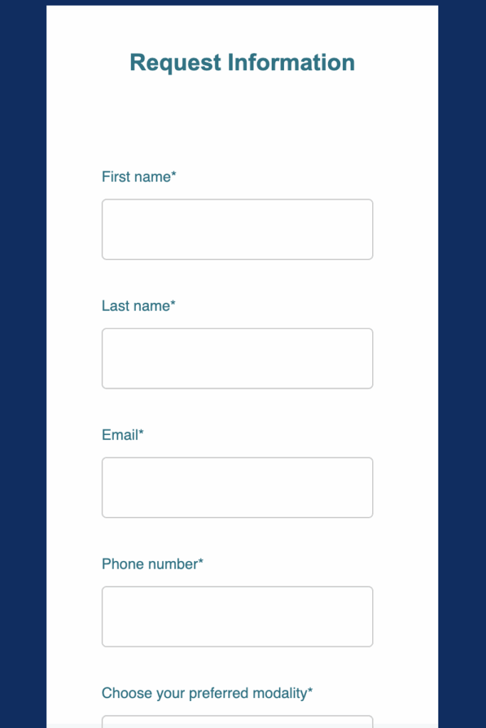 Mobile version view of the RFI form on Cambridge College's Master of Education degree program landing page. The blue and white form includes fields for first name, last name, email, phone number, and preferred modality.