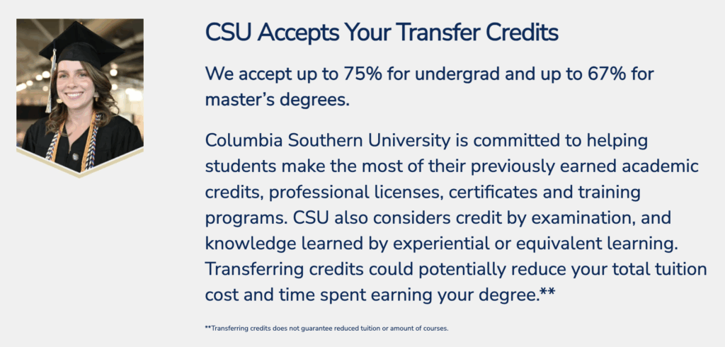 Module on CSU's MSN landing page featuring an image of a recent graduate and details about its transfer credits policy.