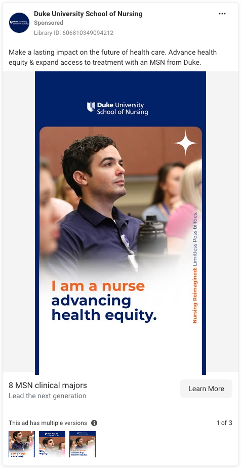 Meta ad for the Duke University School of Nursing. The featured image shows students in a classroom with the university's logo and text reading "I am a nurse advancing health equity" overlaid.