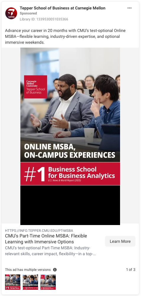 Meta ad for the Tepper School of Business at Carnegie Mellon. The featured image shows students in a lecture hall-style classroom with the claim "#1 Business School for Business Analytics" in large text overlaid.