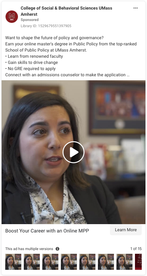 Meta ad for the College of Social & Behavioral Sciences at UMass Amherst. The featured image is a video of a faculty member in business attire with short brown hair speaking to camera about the college. 