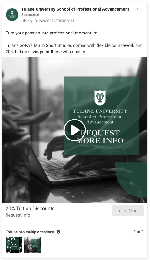 Meta ad for the Tulane University School of Professional Advancement. The featured image is a moving black and white image of a pair of hands on the keyboard of a laptop with the university's logo and the text "Request More Info" overlaid. 