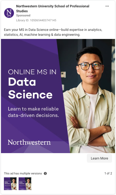Meta ad for the Northwestern University School of Professional Studies. The featured image is a stock image of a person wearing glasses, facing the camera with their arms crossed and a confident expression. The text "Online MS in Data Science - Learn to make reliable data-driven decisions" and the university's name appear to one side.