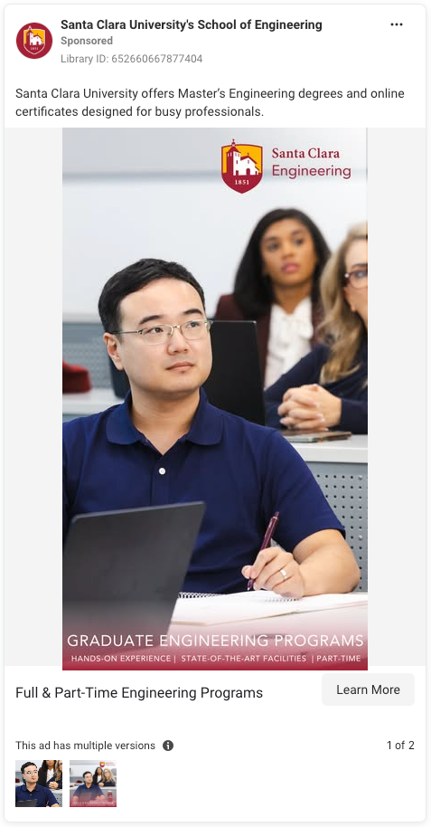 Meta ad for Santa Clara University's School of Engineering. The featured image is a classroom full of students sitting in front of open laptops and notebooks. The text "Graduate Engineering Programs - Hands-On Experience | State-of-the-Art Facilities | Part-Time" is overlaid.